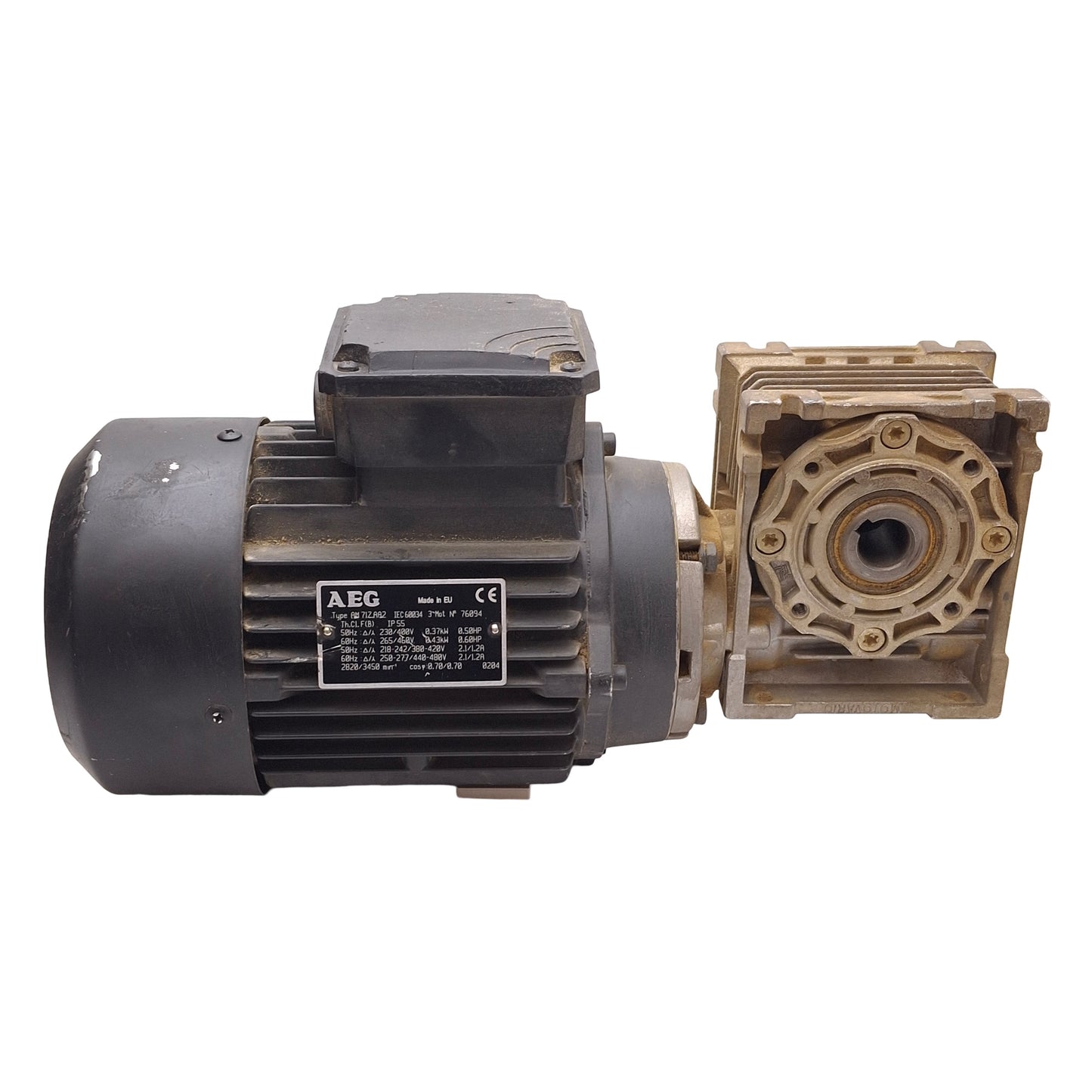 Used AEG AM71ZAA2 + NMRV 040 Gearmotor, 40:1 ø18mm Bore, 3Ø 265∆/460Y 0.43kW/0.60HP