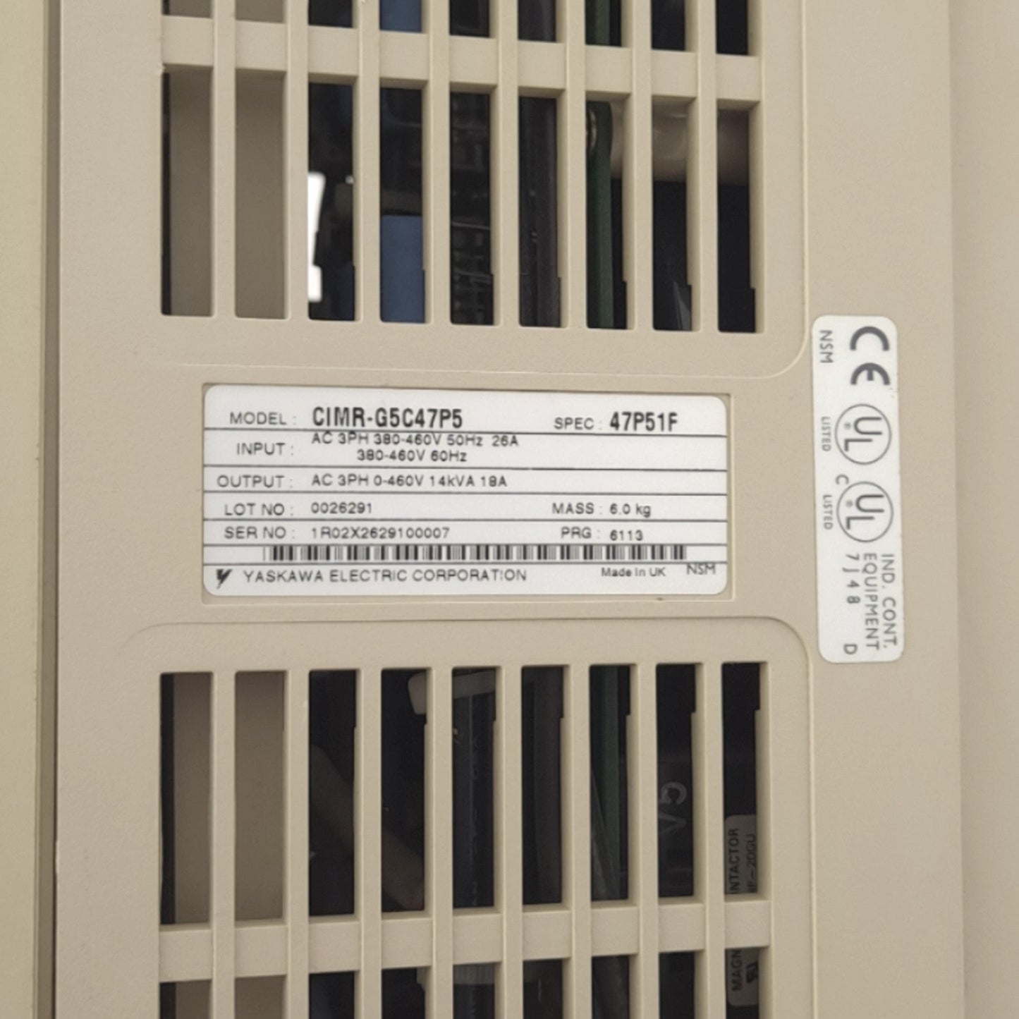 Used Yaskawa CIMR-G5C47P5 Varispeed Inverter 3-Phase, 400VAC 26A In, 0-460VAC 18A Out