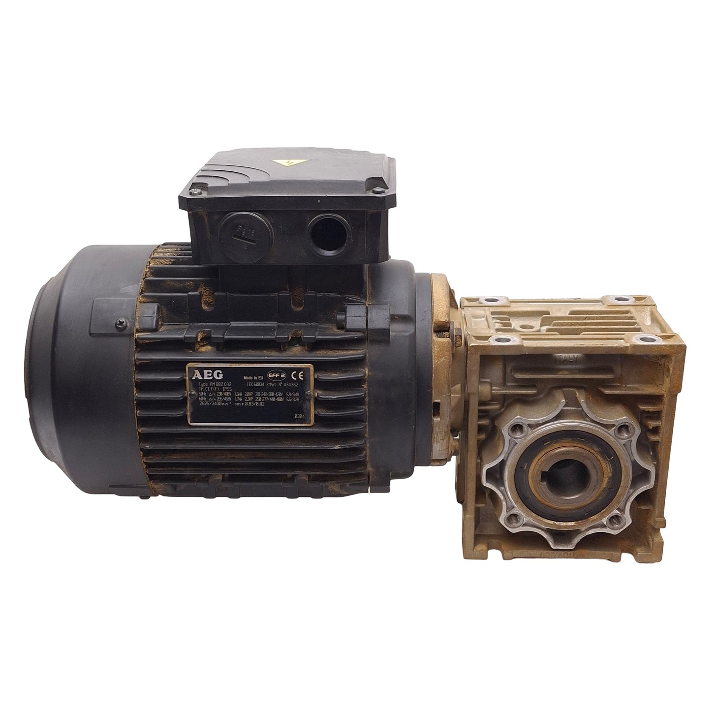 Used AEG AM80ZCA2 + NMRV 050 Gearmotor, 7:1 ø25mm Bore, 3Ø 265∆/460Y 1.7kW/2.3HP