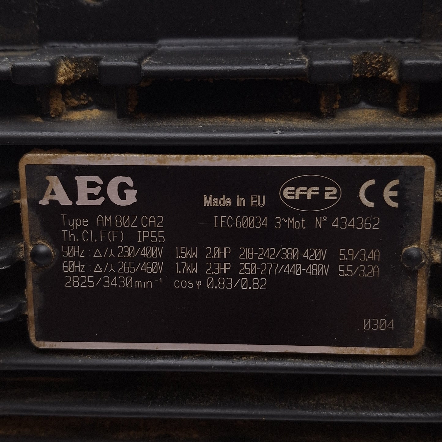 Used AEG AM80ZCA2 + NMRV 050 Gearmotor, 7:1 ø25mm Bore, 3Ø 265∆/460Y 1.7kW/2.3HP