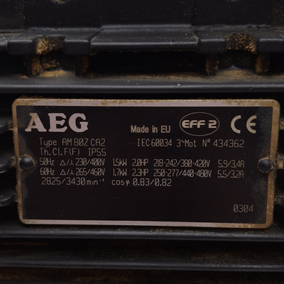 Used AEG AM80ZCA2 + NMRV 050 Gearmotor, 7:1 ø25mm Bore, 3Ø 265∆/460Y 1.7kW/2.3HP