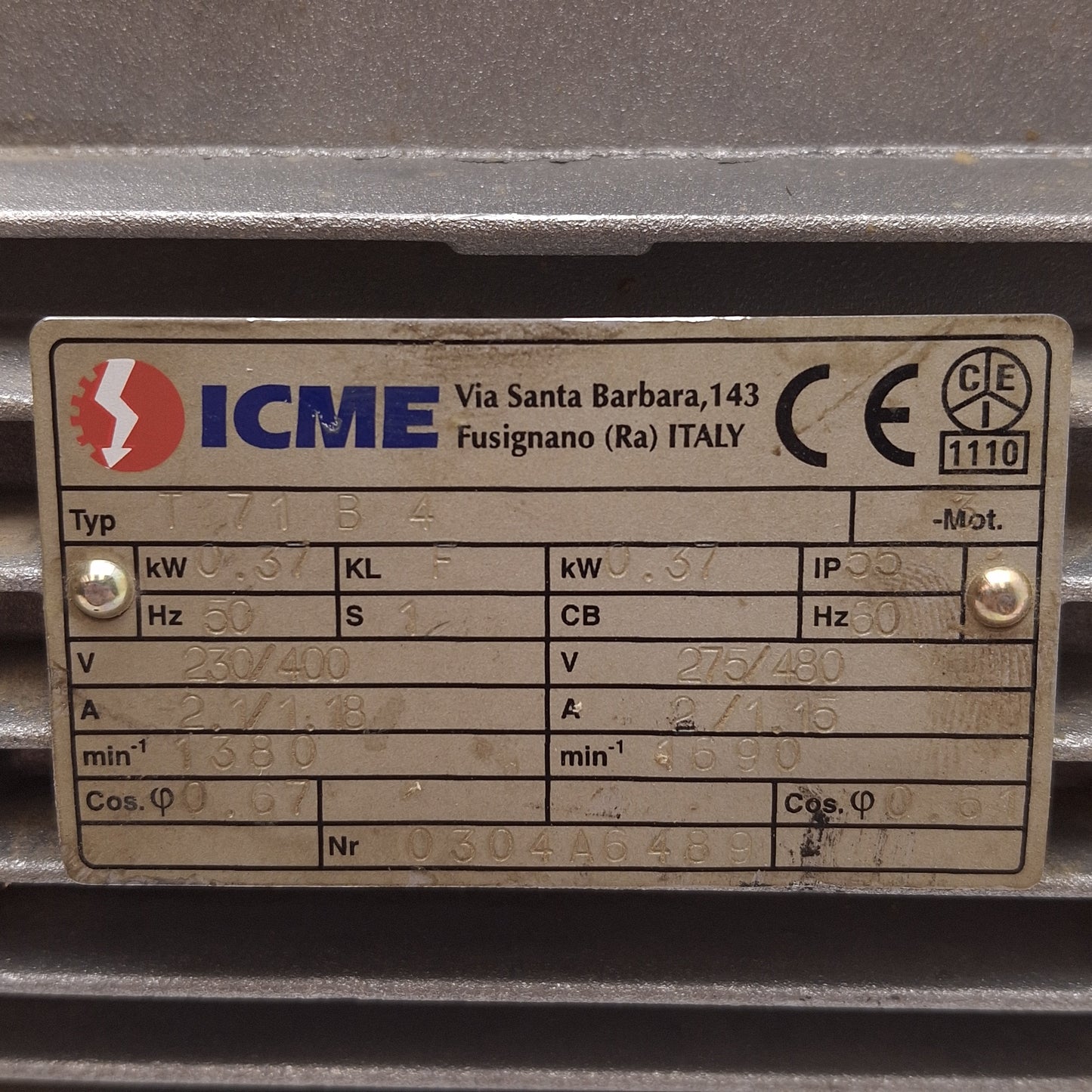 Used ICME T71B4 AC Motor, 275/480VAC 2.0/1.15A 0.37kW, 1690RPM, ø14mm Shaft