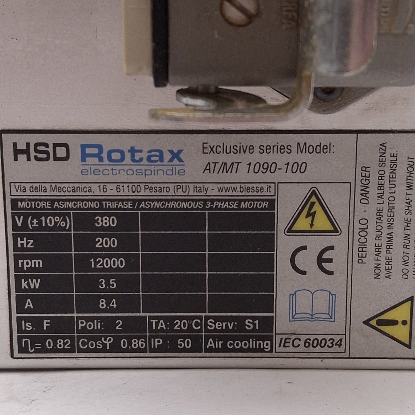 Used HSD AT/MT 1090-100 Rotax Spindle Motor, 3Ø 380VAC 8.4A 200Hz 3.5kW, 12000RPM