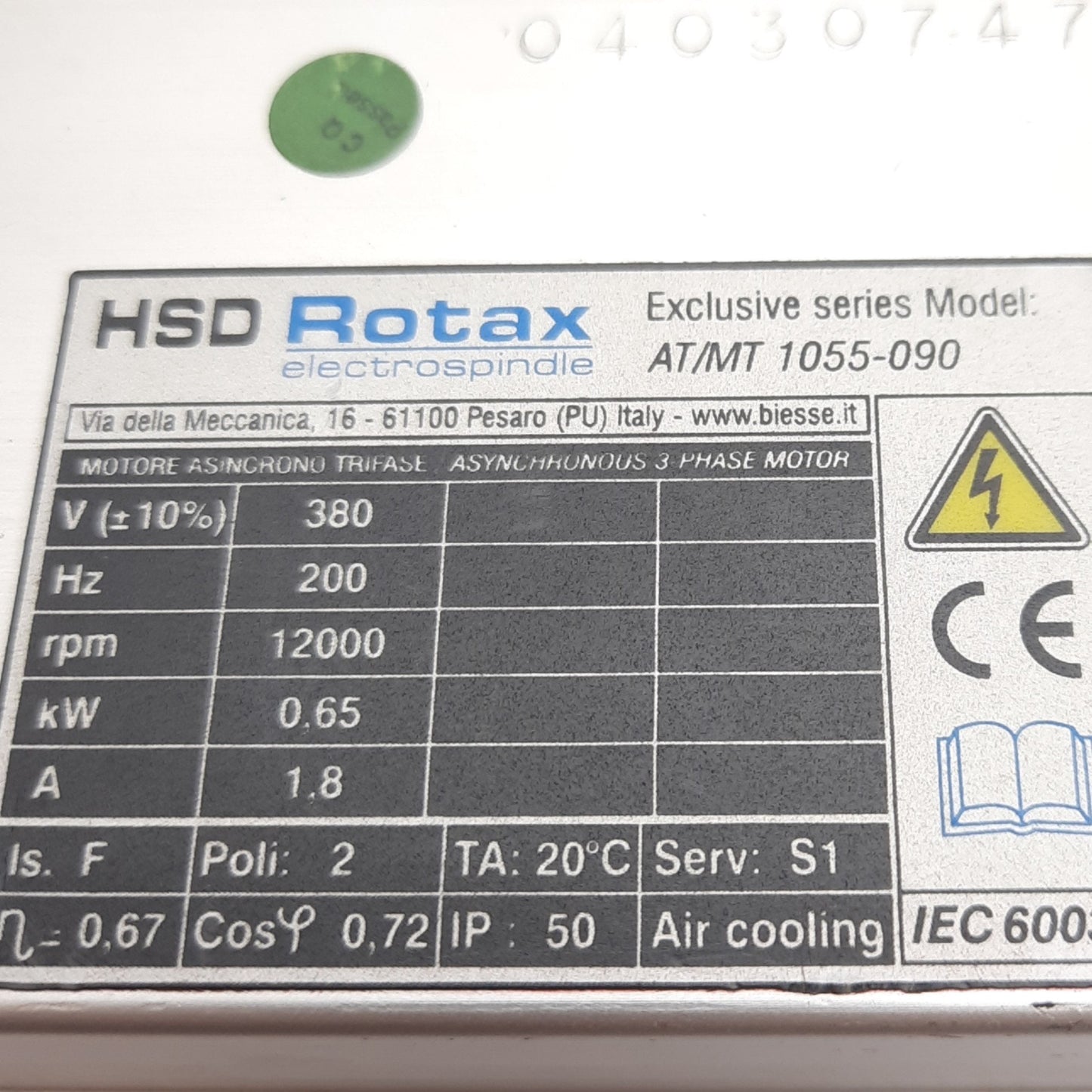 Used HSD AT/MT 1055-090 Rotax Spindle Motor, 3Ø 380VAC 1.8A 200Hz 0.65kW, 12000rpm