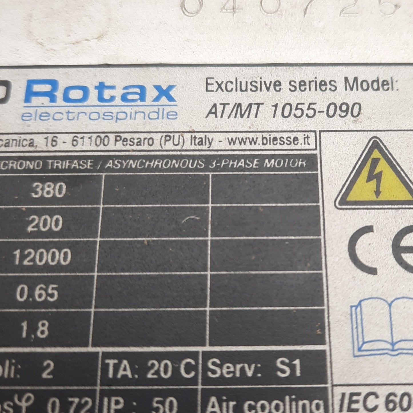 Used HSD AT/MT 1055-090 Rotax Spindle Motor, 3Ø 380VAC 1.8A, 200Hz 0.65kW, 12000rpm