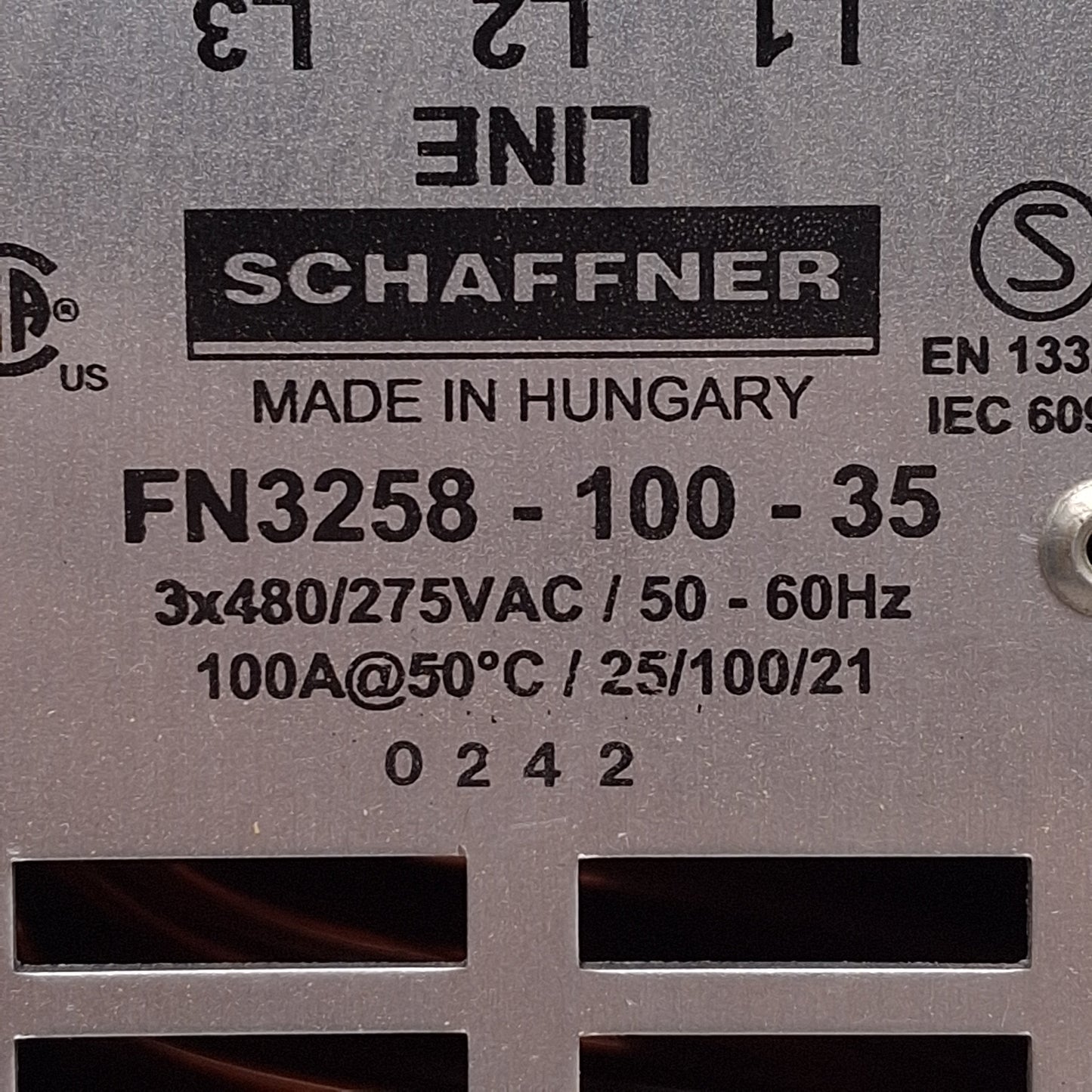 Used Schaffmer FN3258-100-35 Ultra-Compact EMC/RFI Line Filter, 3Ø 480/275VAC 100A