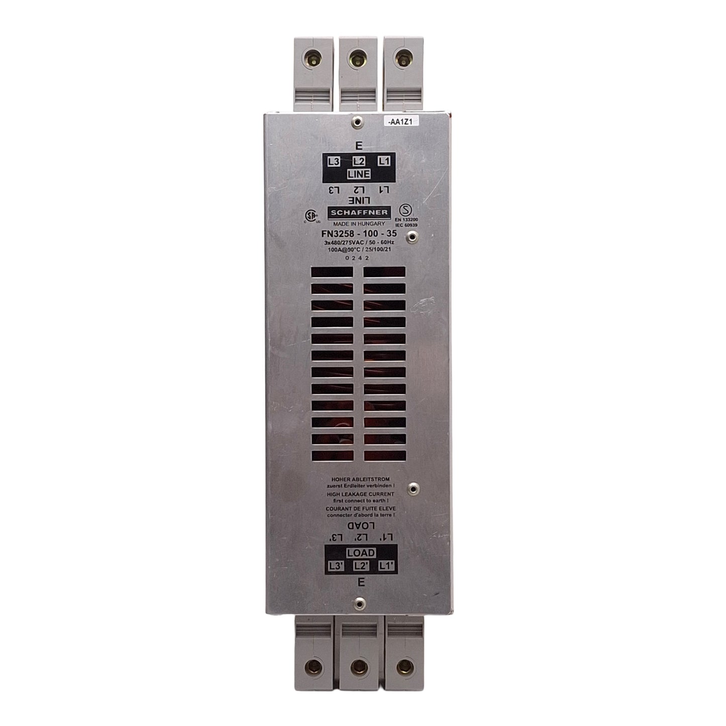 Used Schaffmer FN3258-100-35 Ultra-Compact EMC/RFI Line Filter, 3Ø 480/275VAC 100A