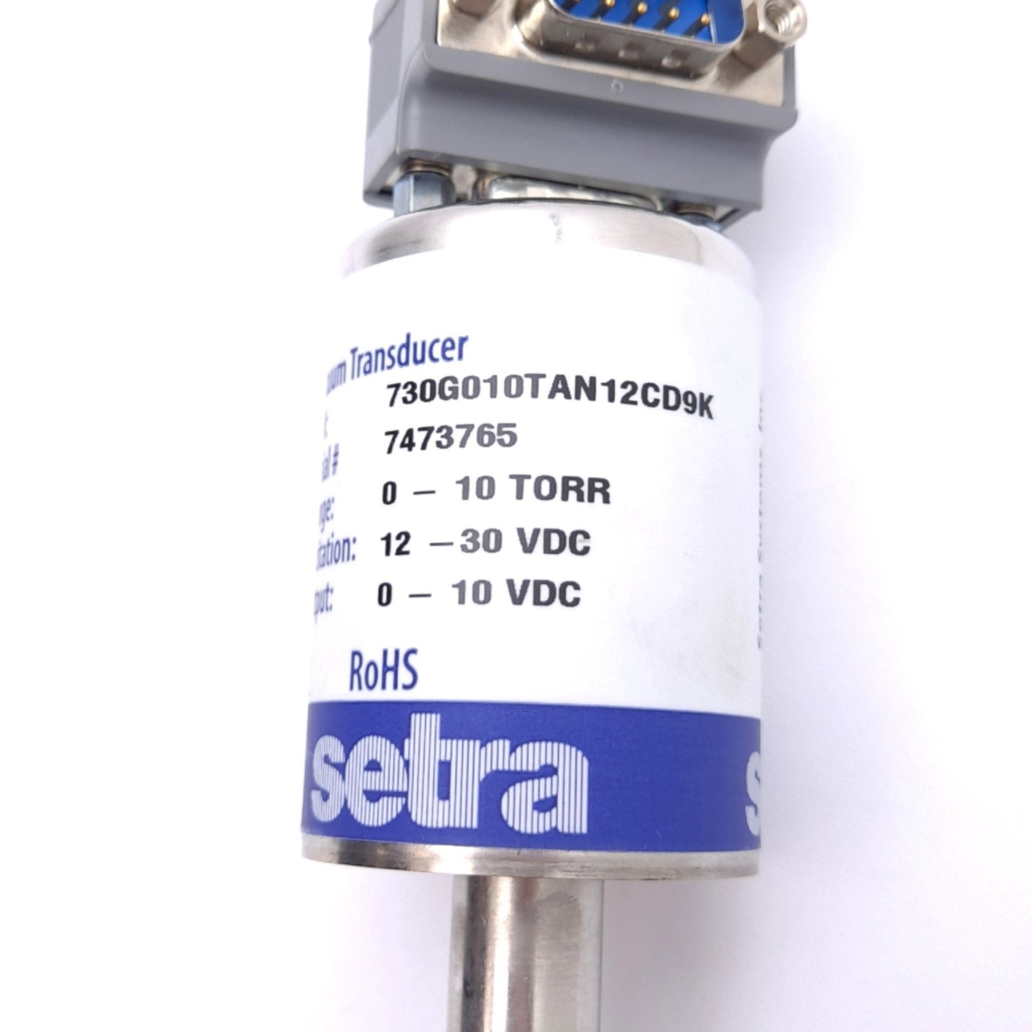 Used Setra 730G010TAN12CD9K Vacuum Transducer, 0-10 TORR, 12-30VDC In, 0-10VDC Out