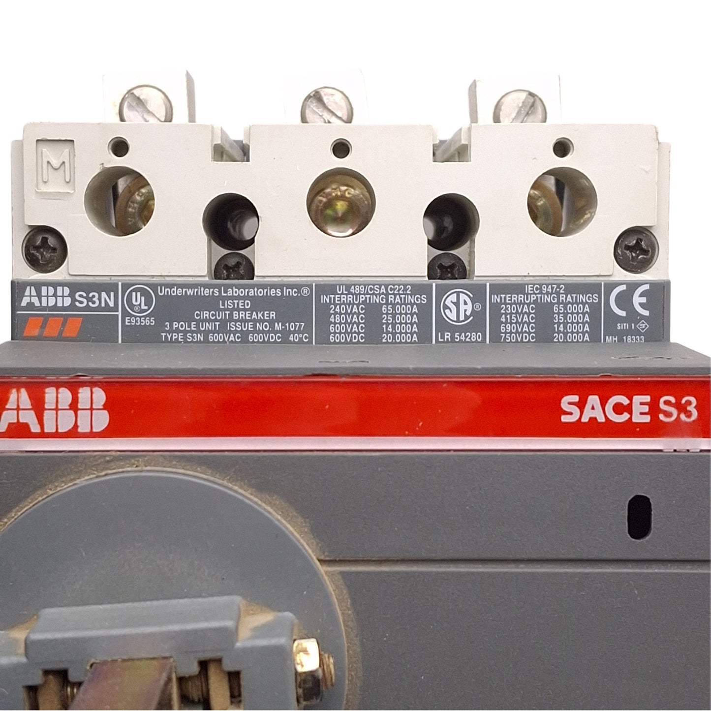 Used ABB S3N SACE S3 Molded Case Circuit Breaker, Rotary Switch, 3-Pole 80A 600VAC/DC
