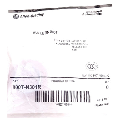 New Allen-Bradley 800T-N301R Red Illuminated Push-Pull/Twist Button Cap, 30mm