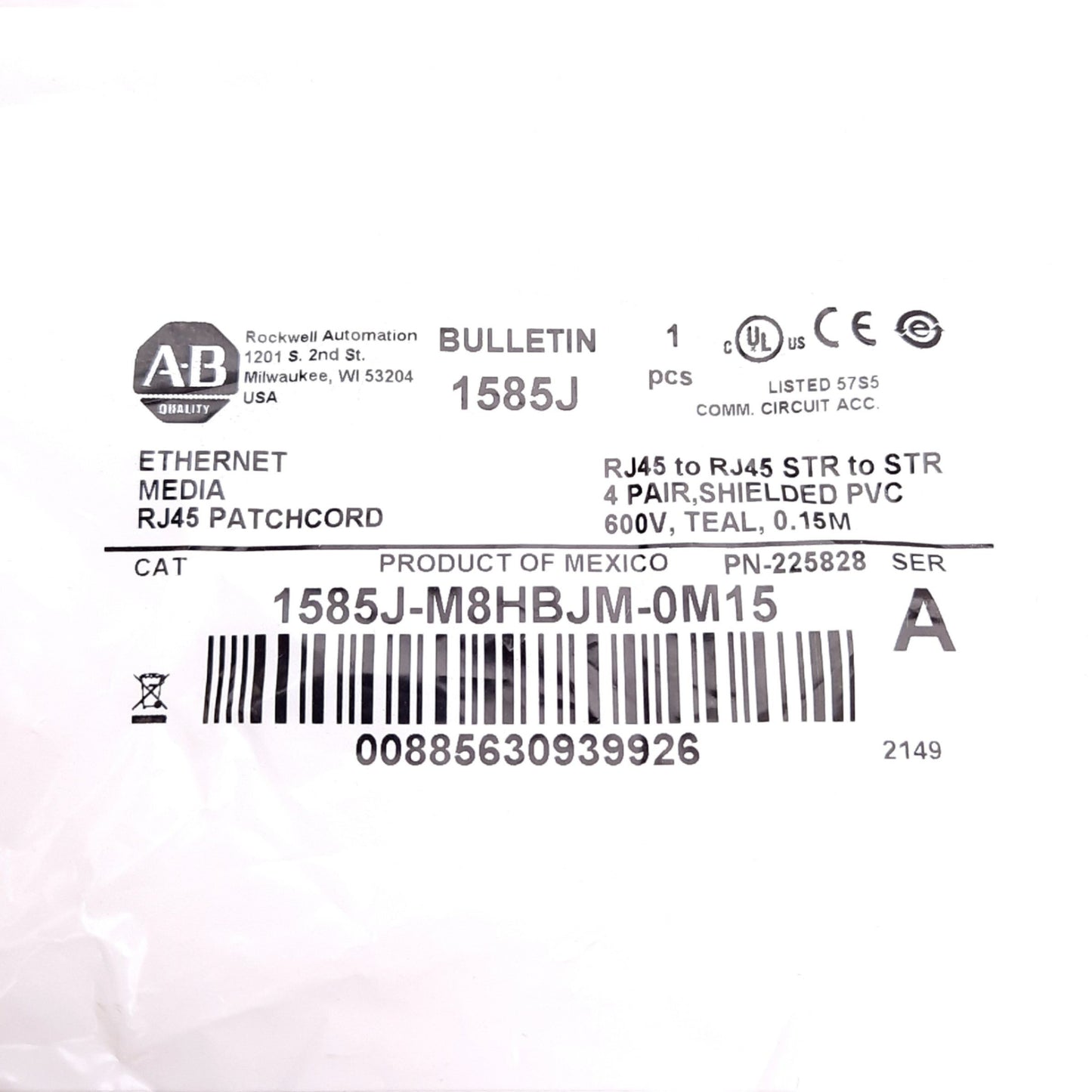 New Allen-Bradley 1585J-M8HBJM-0M15 Connection Cable, 0.15m, RJ45 Male to Male