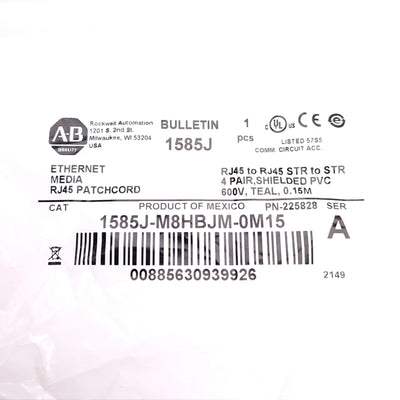 New Allen-Bradley 1585J-M8HBJM-0M15 Connection Cable, 0.15m, RJ45 Male to Male