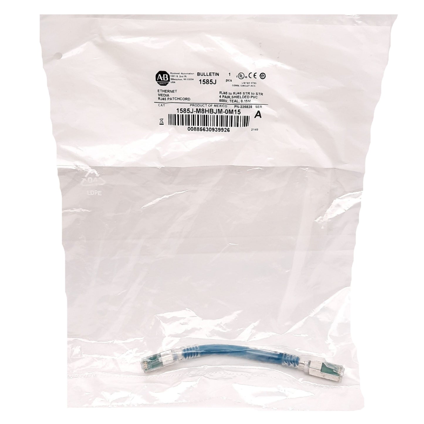 New Allen-Bradley 1585J-M8HBJM-0M15 Connection Cable, 0.15m, RJ45 Male to Male