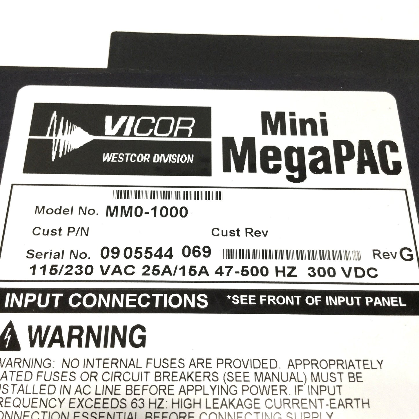 Used Vicor MM0-1000 Mini MegaPAC Modular Power Supply, 115/230VAC w/15V, 24V Modules