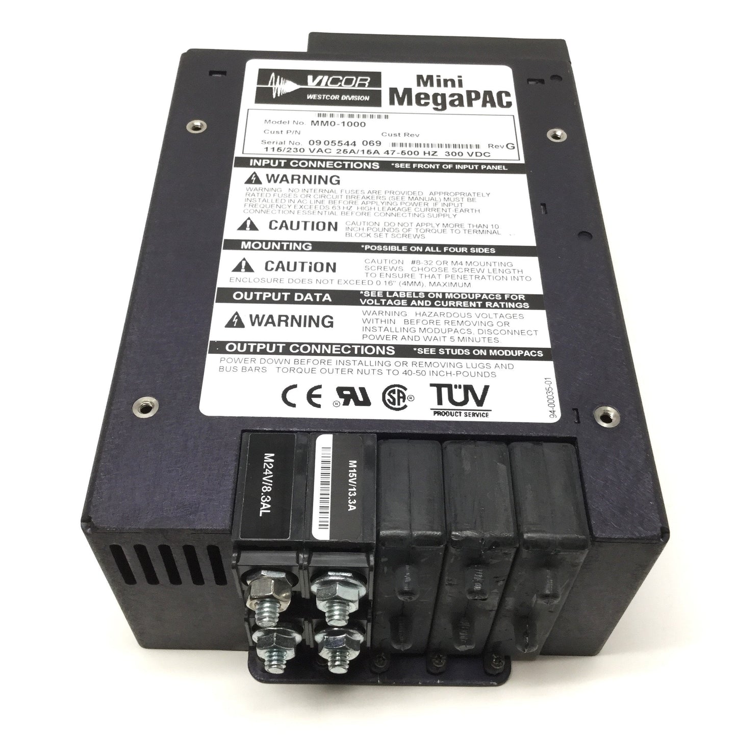 Used Vicor MM0-1000 Mini MegaPAC Modular Power Supply, 115/230VAC w/15V, 24V Modules