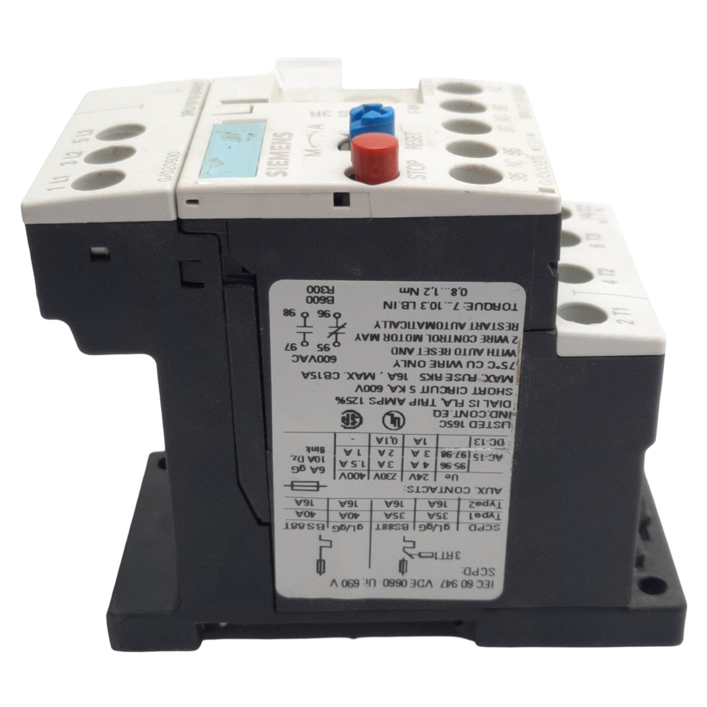 Used Siemens 3RU1116-1EB0 Thermal Overload Relay, 3-Pole, 1NO/1NC, 690VAC 2.8-4A