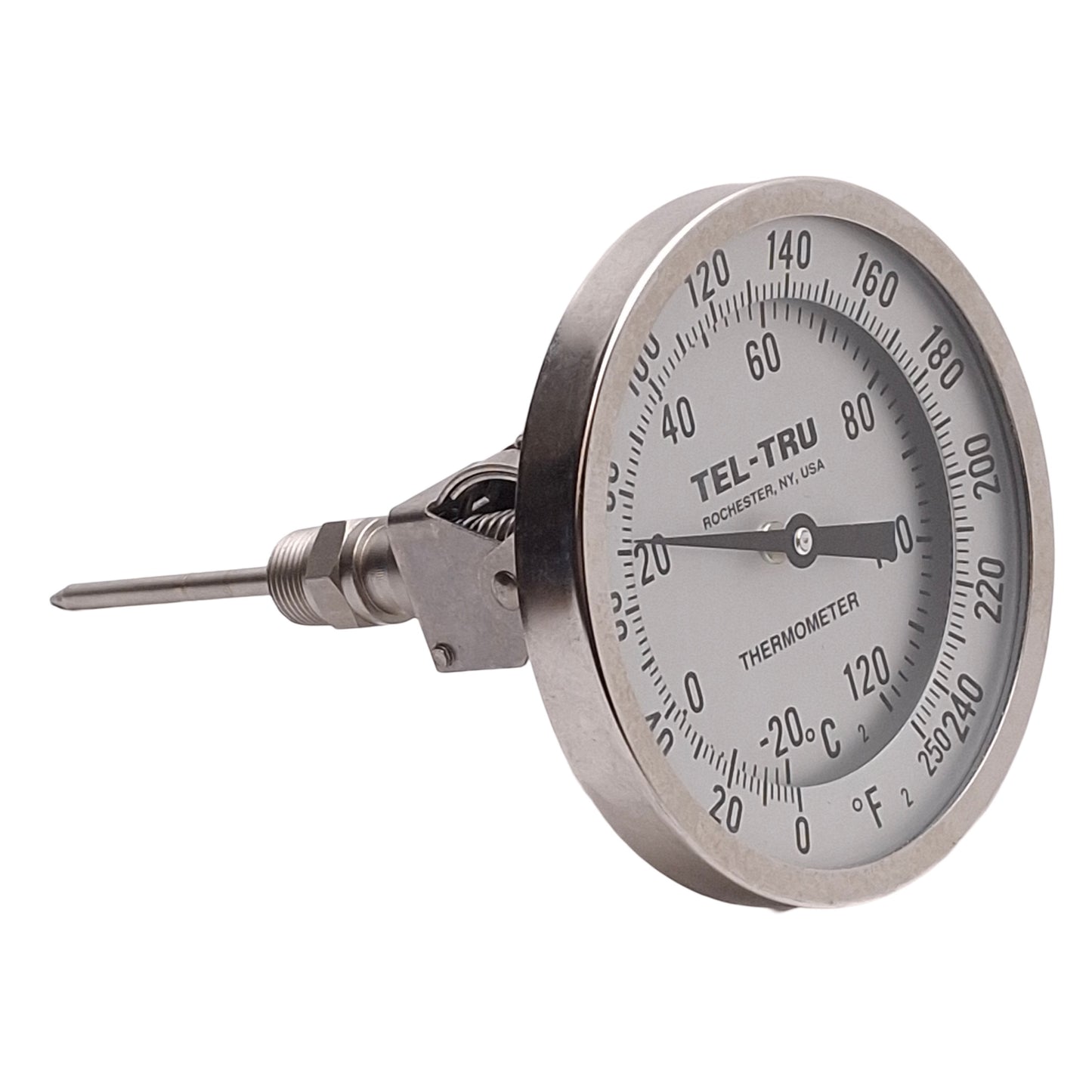 Used Tel-Tru AA575R Bimetal Thermometer ø5" Dial, 4" Stem, 0-250°F, 1/2" NPT