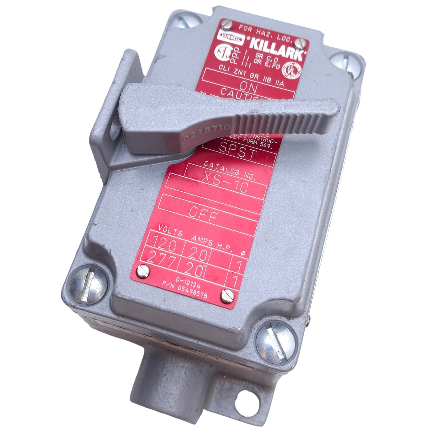 Used Killark XS-1C Tumbler Switch Cover w/ Device, SPST 1-Pole, 120/277VAC 20A