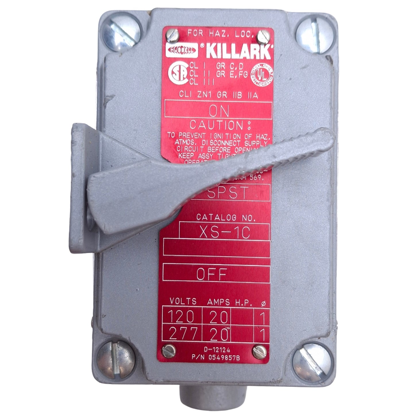 Used Killark XS-1C Tumbler Switch Cover w/ Device, SPST 1-Pole, 120/277VAC 20A