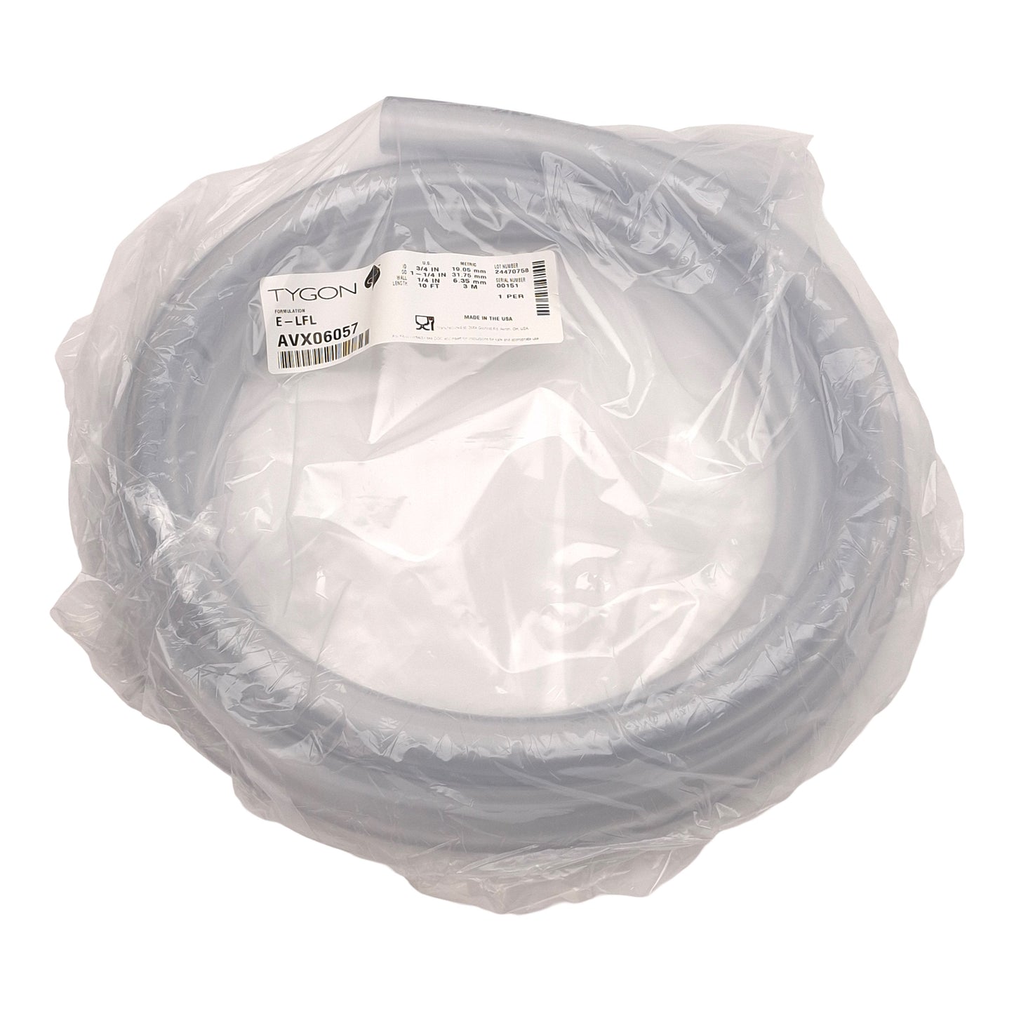 New Tygon AVX06057 S3 E-LFL Tubing, Clear, ø3/4in OD x ø1-1/4in ID, 24PSI, 10ft