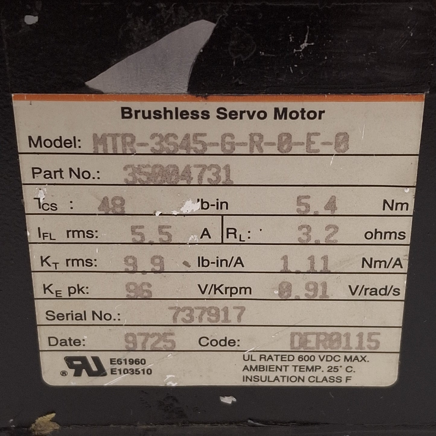 Used GE Fanuc MTR-3S45-G-R-0-E-0 Servo Motor, 230VAC 5.5A, 48lb-in, 2800RPM, NEMA 42