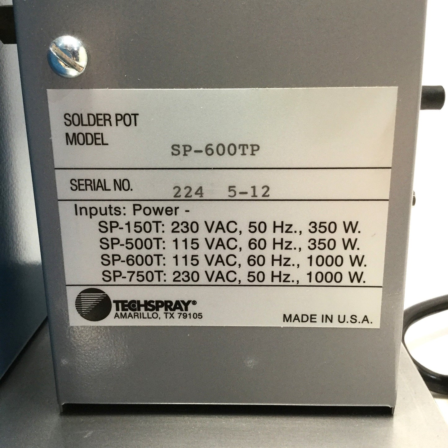 Used Techspray SP-600TP Plato Solder Pot 1000W 750°F, 32lb Crucible Capacity, 115VAC