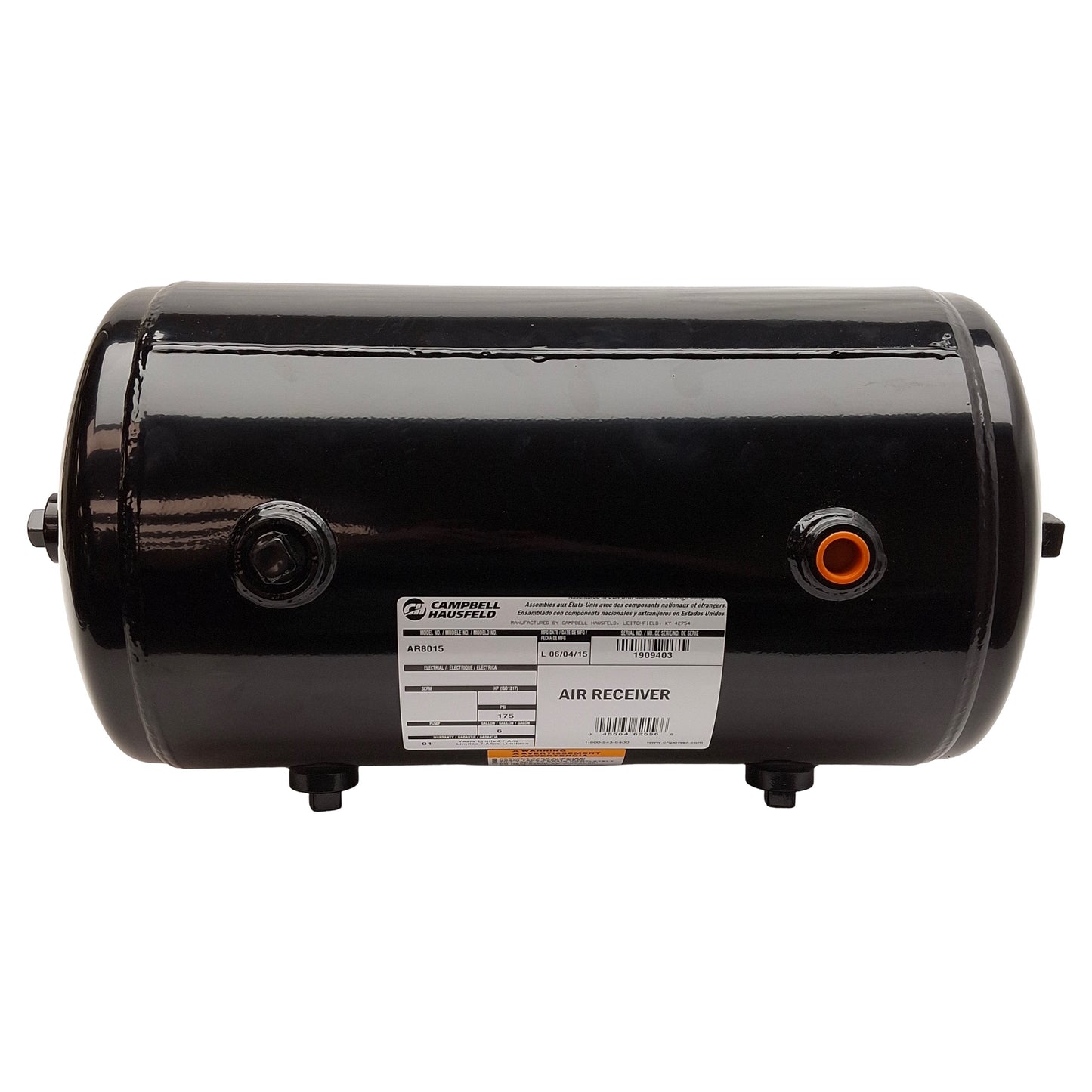 Used Campbell AR8015 Air Receiver Surge Tank, 6 Gallon, 175PSI, 1/2" 3/4" & 1" NPT