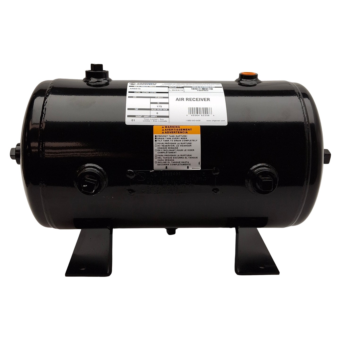 Used Campbell AR8015 Air Receiver Surge Tank, 6 Gallon, 175PSI, 1/2" 3/4" & 1" NPT