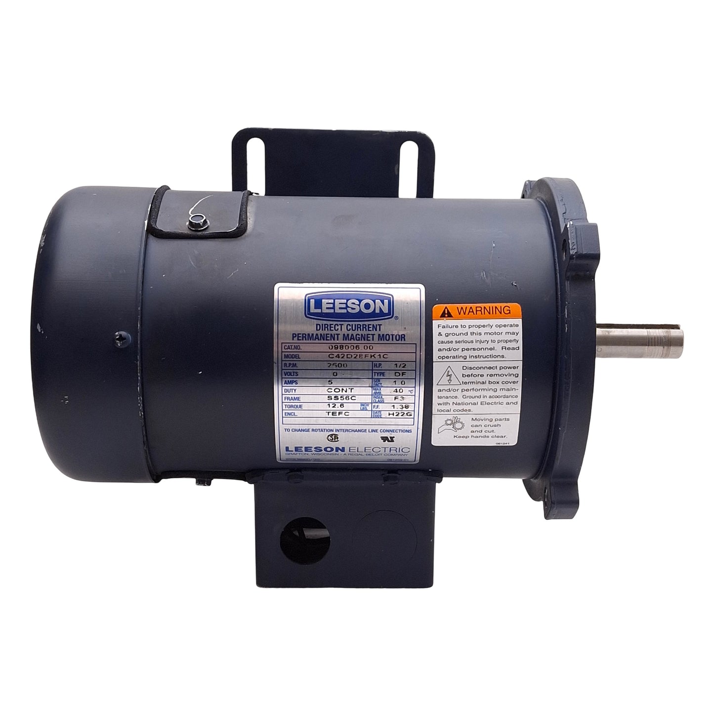 Used Leeson C42D28FK1C DC Motor, 90VDC 5A 1/2HP, 2500RPM, ø5/8in Shaft, SS56C Frame