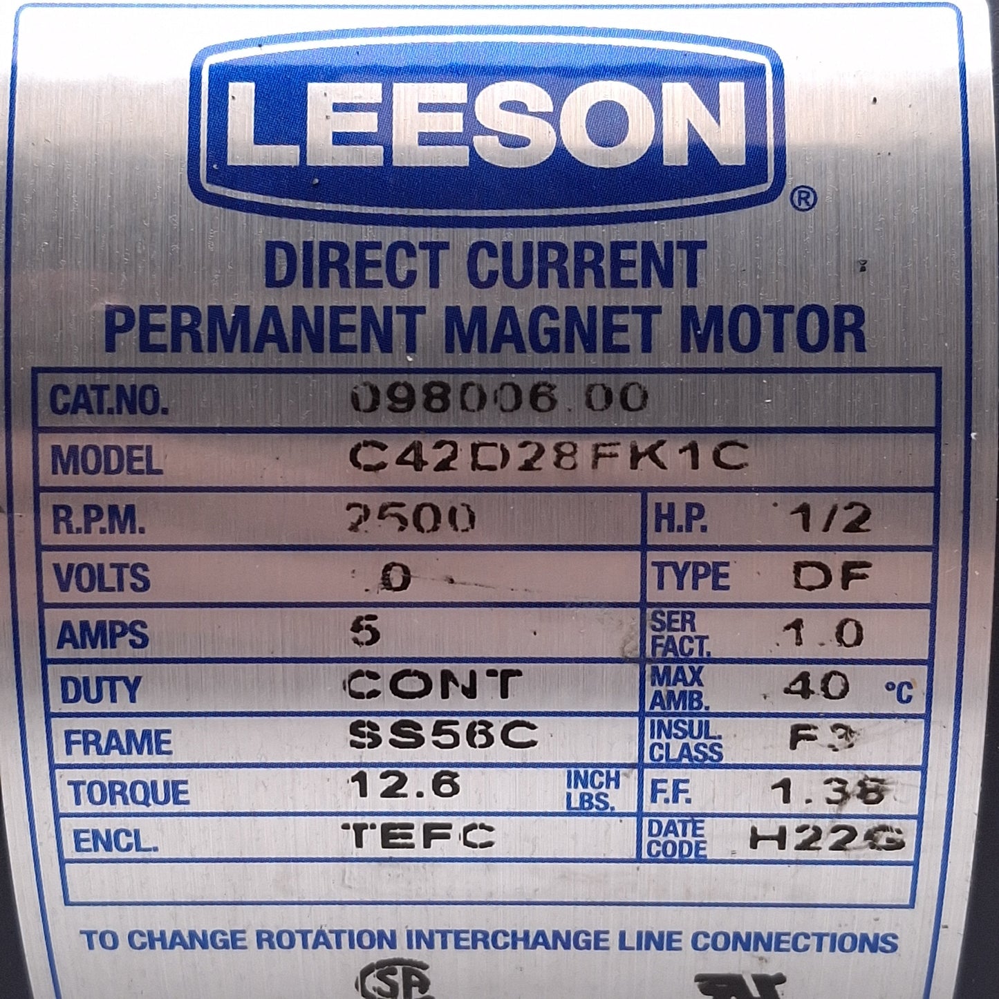 Used Leeson C42D28FK1C DC Motor, 90VDC 5A 1/2HP, 2500RPM, ø5/8in Shaft, SS56C Frame