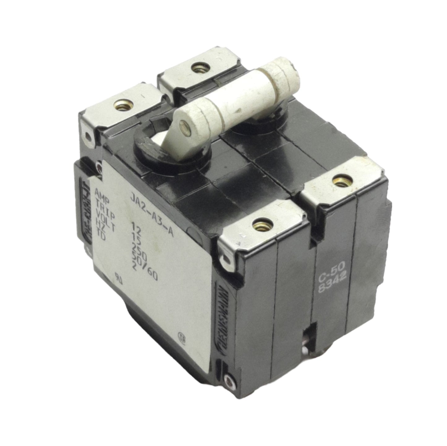 Used Eaton Heinemann JA2-A3-A Circuit Breaker, 240VAC 12A, Panel Mount, 2-Poles