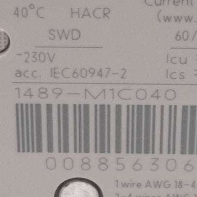 Used Allen Bradley 1489-M1C040 Circuit Breaker, 1-Pole C-Curve, 277VAC 4A, DIN Rail