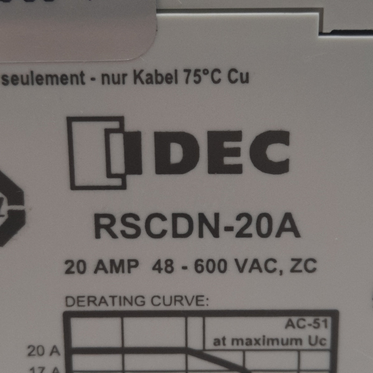 Used IDEC RSCDN-20A Solid-State Relay, 4-32VDC In, 48-600VAC 20A, SPST-NO, DIN Rail