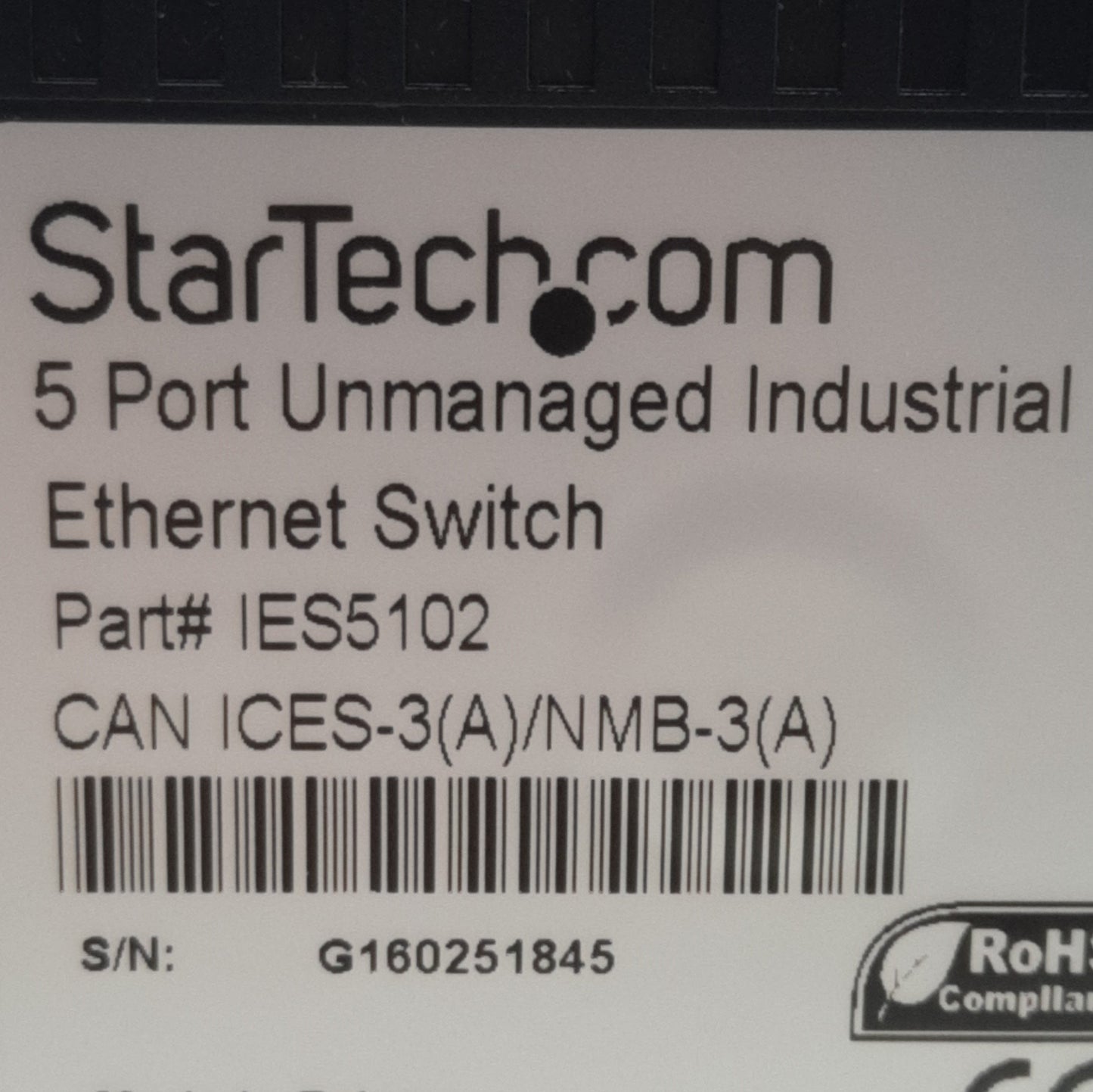 Used StarTech IES5102 Industrial Ethernet Switch, 5-Port, RJ45, 12-48VDC In 12VDC Out