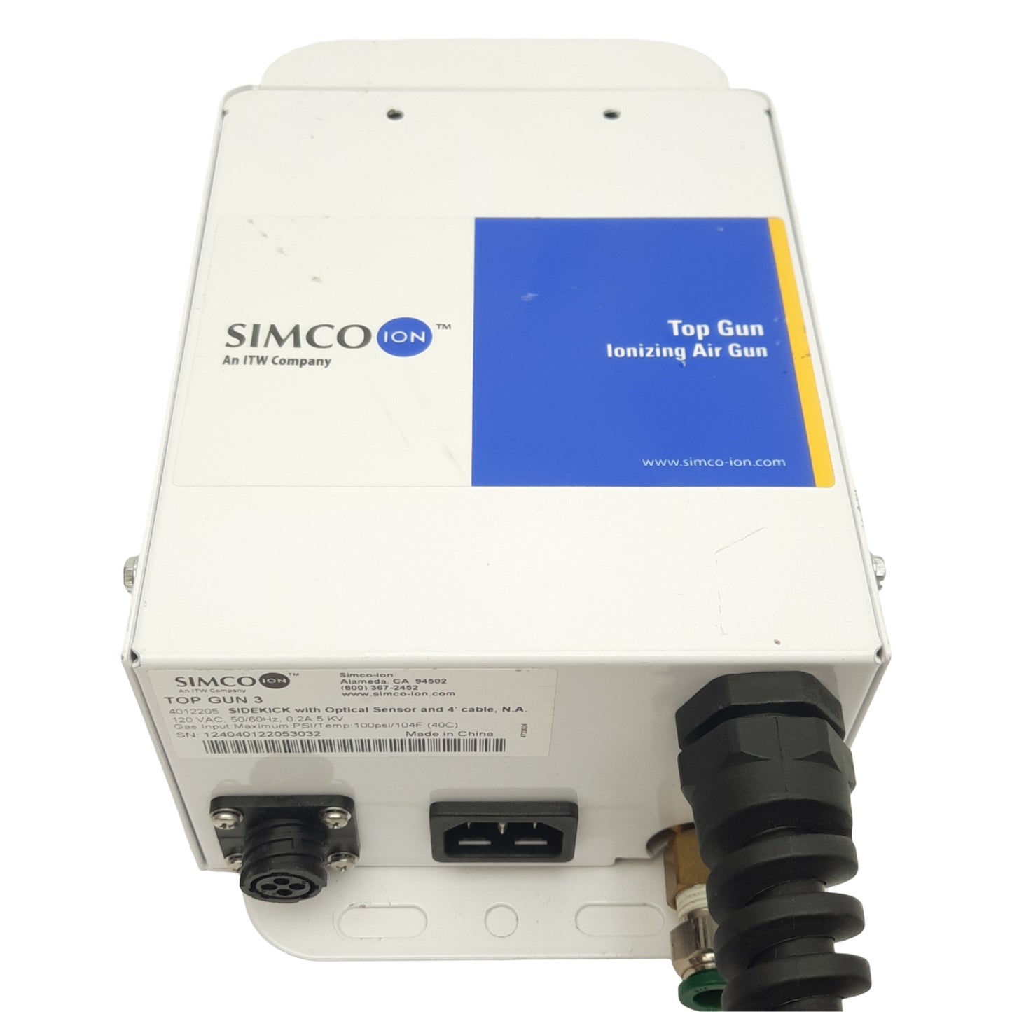 Used Simco 4012205 Top Gun 3 Sidekick Ionizing Air Gun w/Optical Sensor 120VAC 100psi