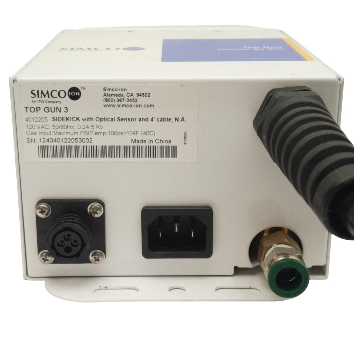 Used Simco 4012205 Top Gun 3 Sidekick Ionizing Air Gun w/Optical Sensor 120VAC 100psi