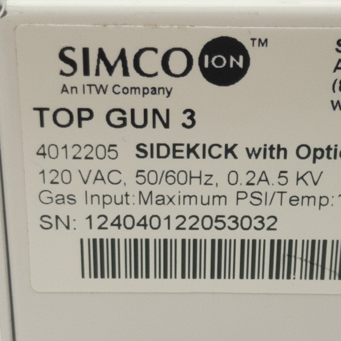Used Simco 4012205 Top Gun 3 Sidekick Ionizing Air Gun w/Optical Sensor 120VAC 100psi