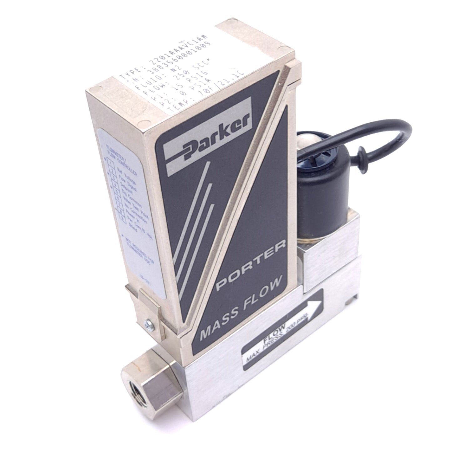 Used Parker 2201AAAVC1AM Mass Flow Controller, 250 SCCM, 0-5VDC, 1/8 NPT, 200psig Max