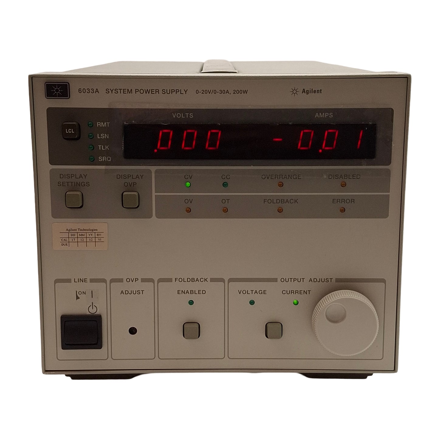 Used Agilent 6033A System DC Power Supply, 200W, 0-20VDC 0-30A Out, 120VAC In, RJ-12