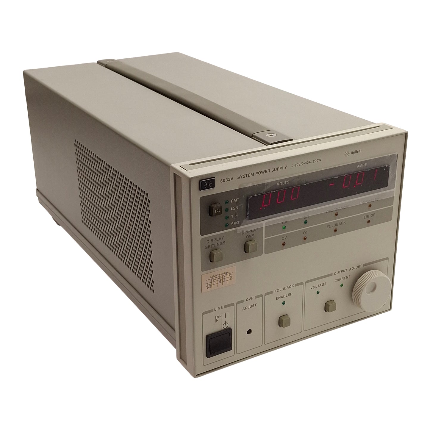 Used Agilent 6033A System DC Power Supply, 200W, 0-20VDC 0-30A Out, 120VAC In, RJ-12