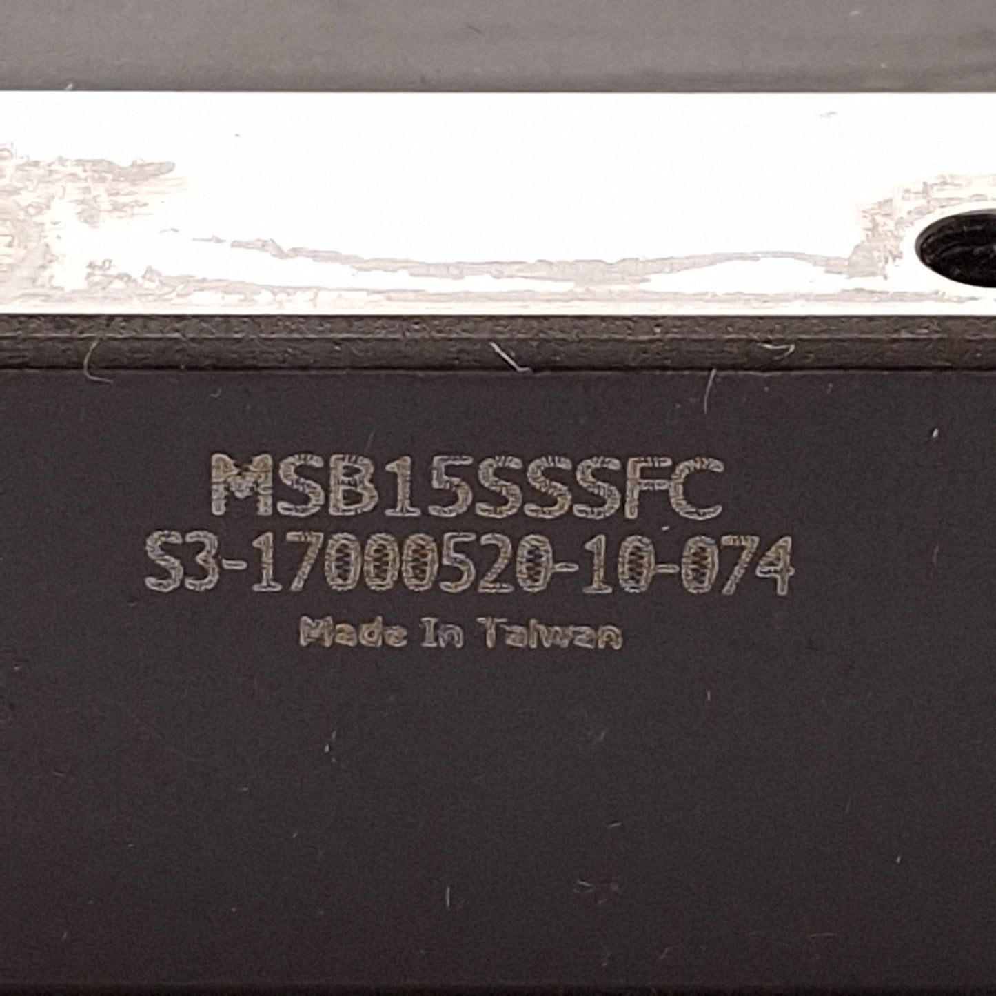Used PMI MSB15SSSFC Linear Guide Assembly, 57.2x34mm Carriage, 380x15x12.5mm Rail