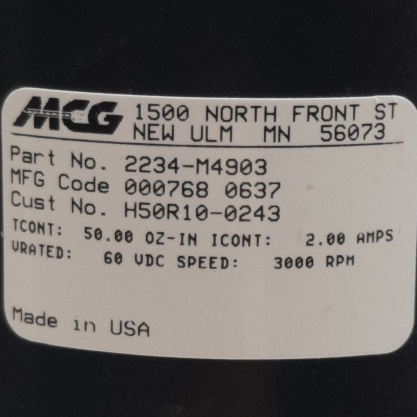 Used MCG 2234-M4903 Servo Motor, 60VDC 2A, 3000rpm, 50oz-in, ø6.40mm Shaft, DB15M