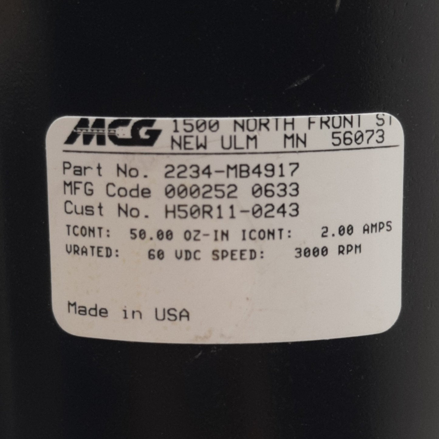 Used MCG 2234-MB4917 Servo Motor, 60VDC 2A, 3000rpm, 50oz-in, ø6.40mm Shaft, DB15M