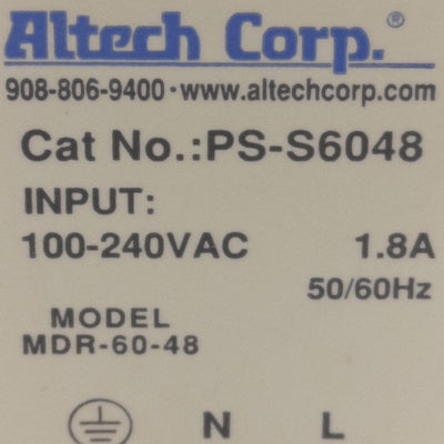 Used Altech PS-S6048 Power Supply, 100-240VAC 1.8A In, 48VDC 1.25A 60W Out, DIN Rail