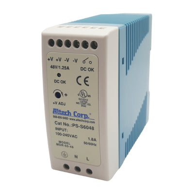 Used Altech PS-S6048 Power Supply, 100-240VAC 1.8A In, 48VDC 1.25A 60W Out, DIN Rail