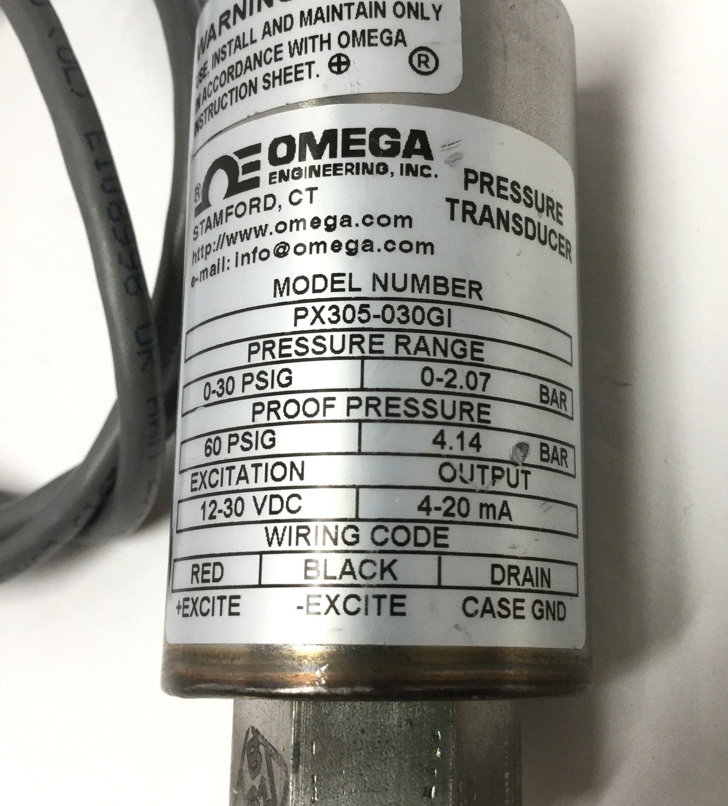 Used Omega PX305-030GI Pressure Transducer Sensor 12-30VDC In, 4-20mA Out, 0-30psi
