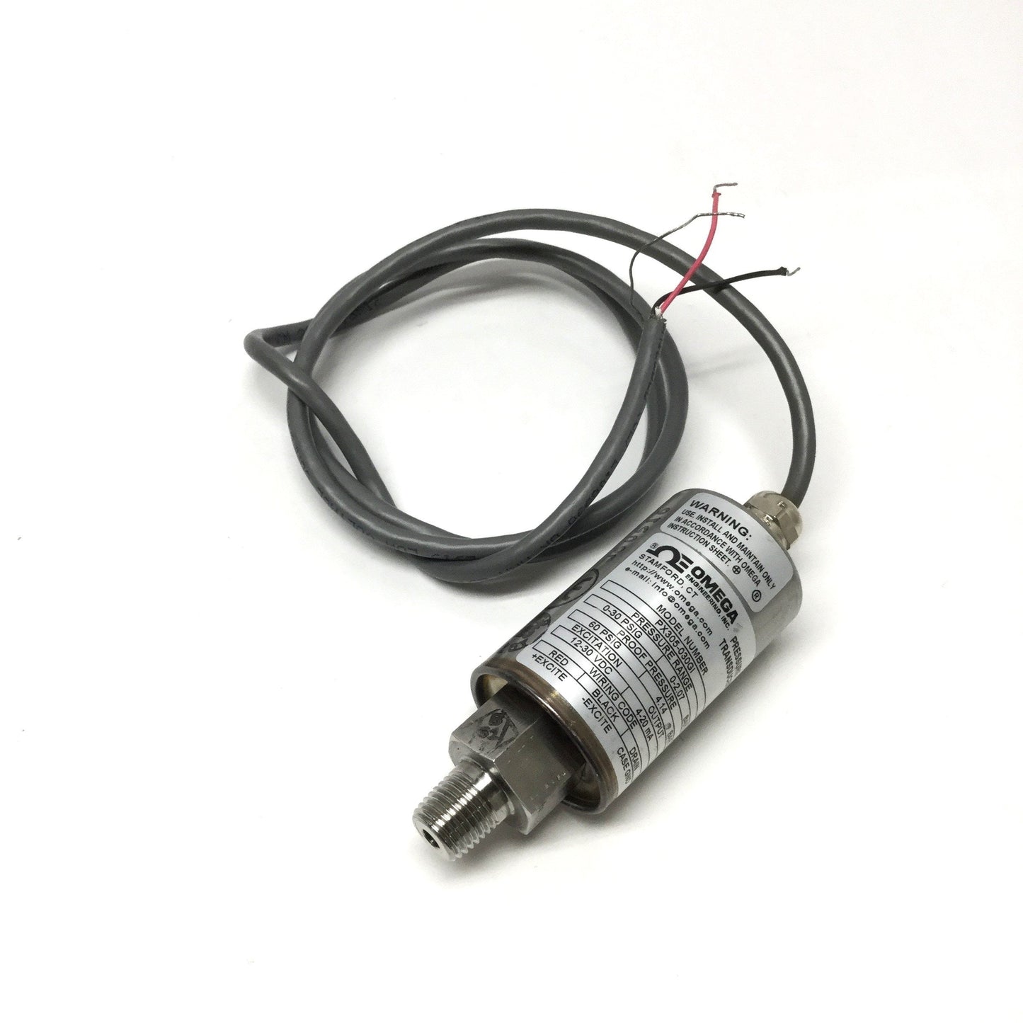 Used Omega PX305-030GI Pressure Transducer Sensor 12-30VDC In, 4-20mA Out, 0-30psi