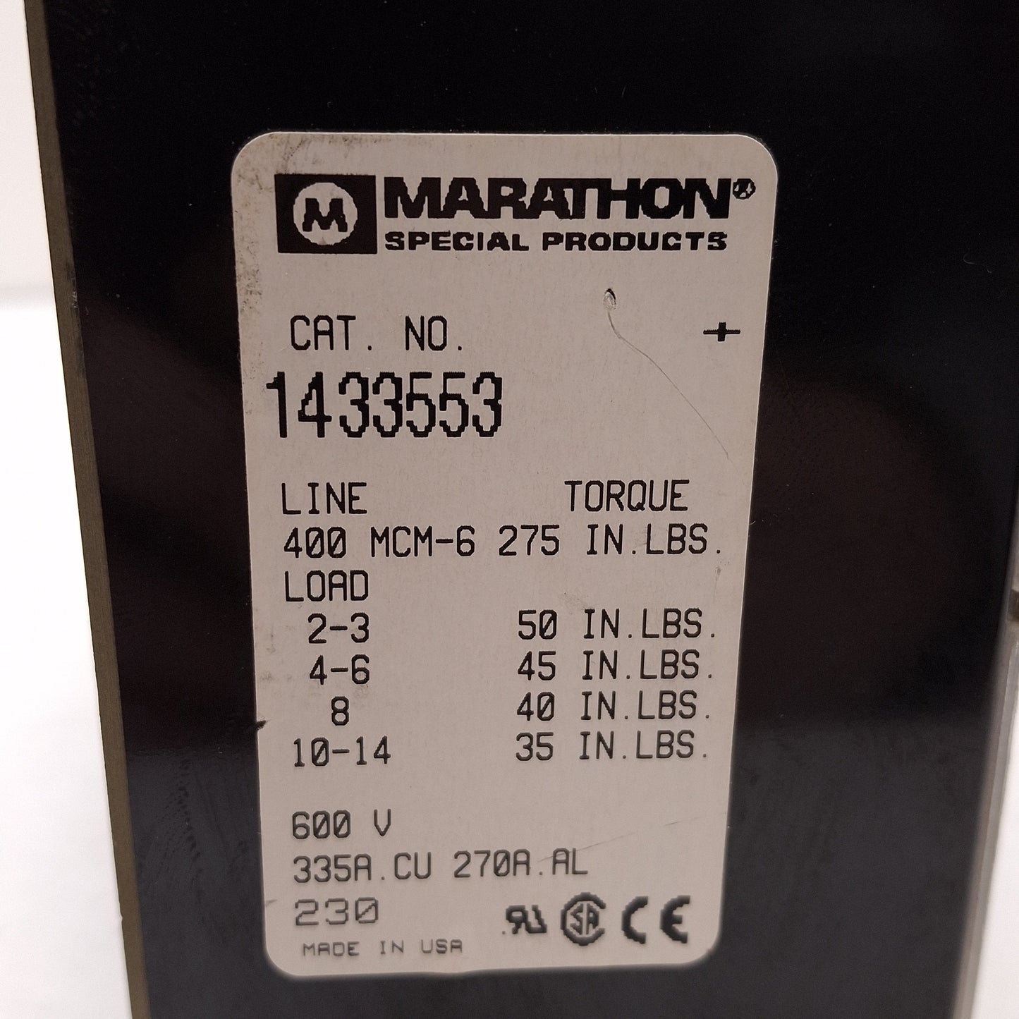 Used Marathon 1433553 Power Distribution Terminal Block, 3-Poles, 600VAC/DC 335A