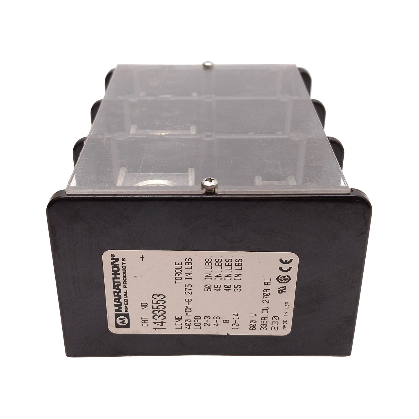 Used Marathon 1433553 Power Distribution Terminal Block, 3-Poles, 600VAC/DC 335A