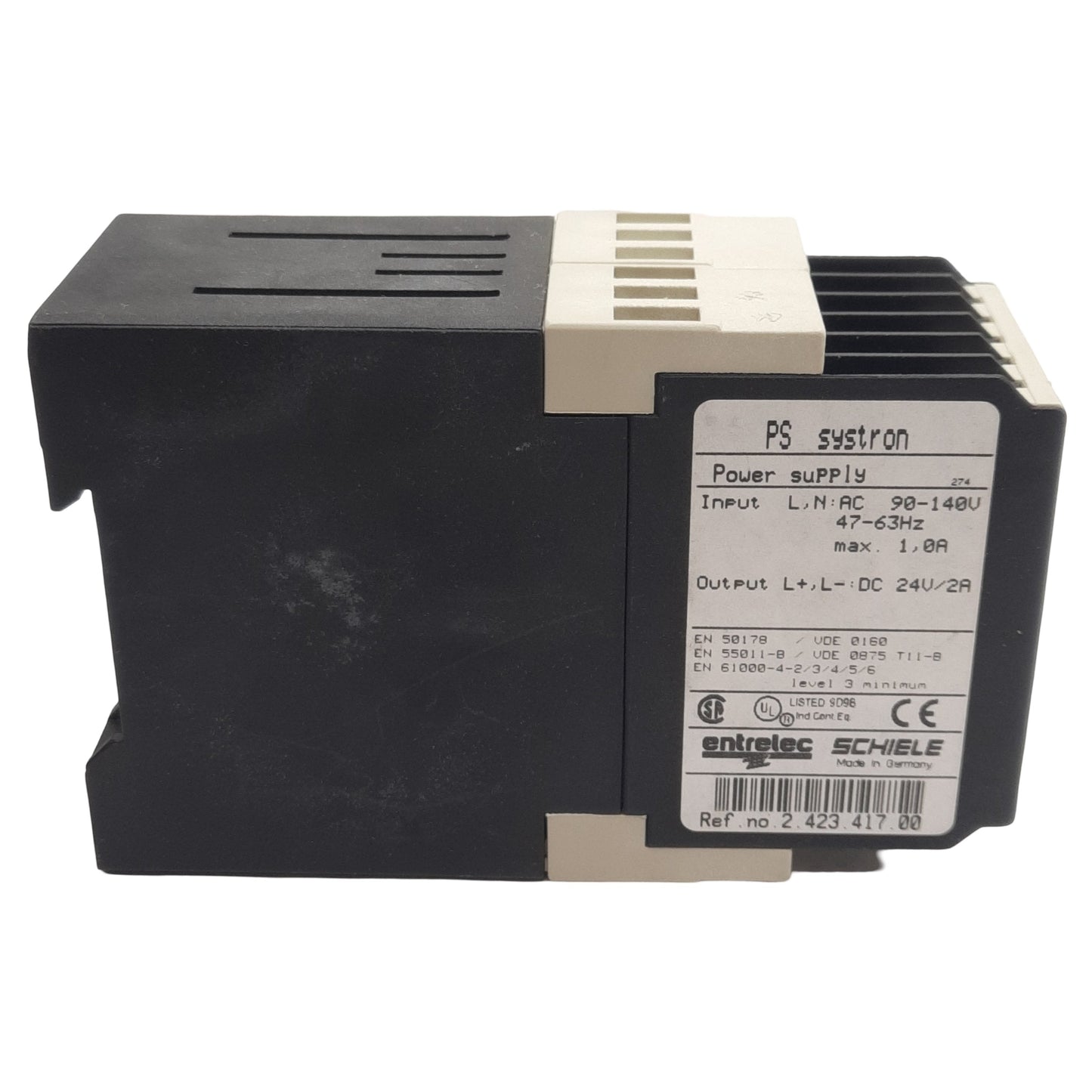 Used Entrelec Schiele 2.423.417.00 PS Systron Power Supply 90-140VAC In, 24VDC 2A Out